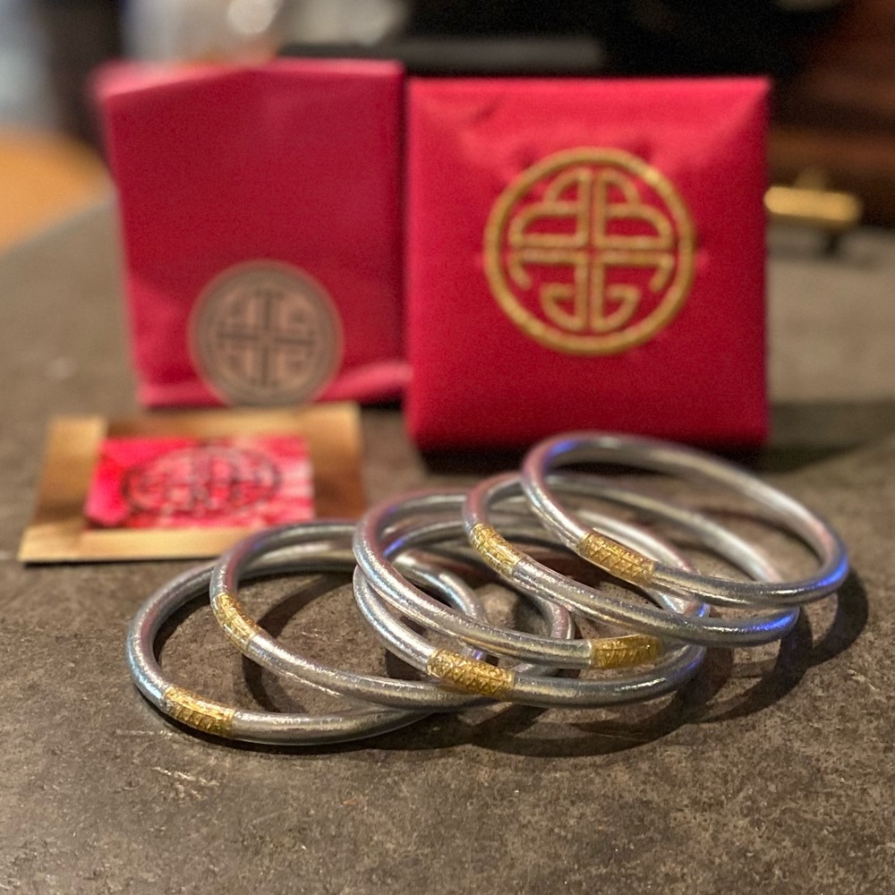 6 Authentic size small BuDhaGirl silver all weather bangles Excellent condition.